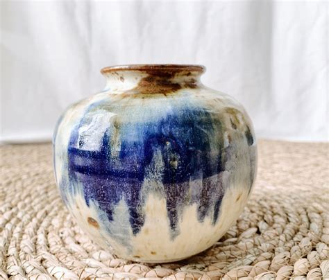 Vintage Handmade Ceramic Vase With Blue Glaze Glazed Ceramic, Ceramic ...