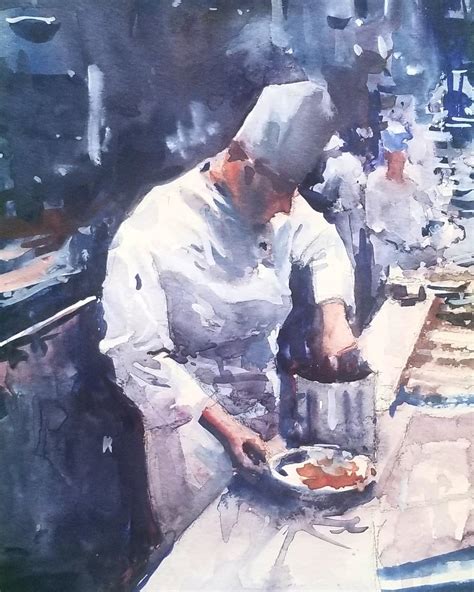 Watercolour. Chef in his kitchen. By me. 2019 : r/painting