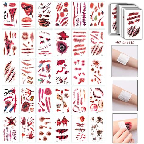 Buy 40 Sheets Temporary Tattoos Halloween Make Up - Bleeding Wound Fake Wounds toy Tattoo ...