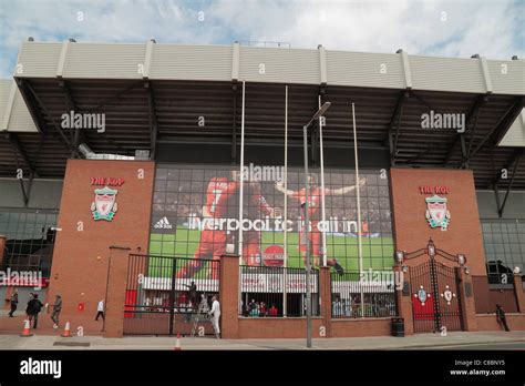 External view of the Kop end of Anfield, with the Paisley Gate at the ...