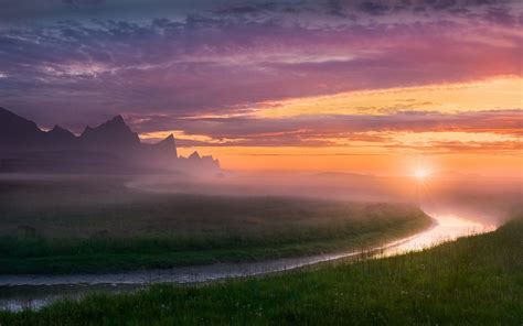 nature, Landscape, River, Midnight, Mist, Sky, Norway, Mountain, Summer, Clouds, Grass, Sunset ...