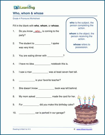 Who, whom or whose - relative pronoun worksheets | K5 Learning