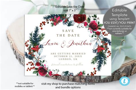 Winter Wedding Save the Date / A6 / Christmas / December / festive design / winter botanicals ...