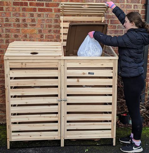 BinGarden Double Wooden Slatted Wheelie Bin Store with Bi-Fold Roof. Garbage Cover Trash Storage ...