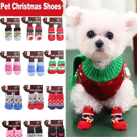 4Pcs/set Autumn Winter Pet Dog Socks Anti Slip Knitted Small Dogs Shoes ...