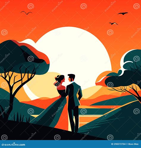 Wedding Couple on the Background of the Sunset. Vector Illustration ...