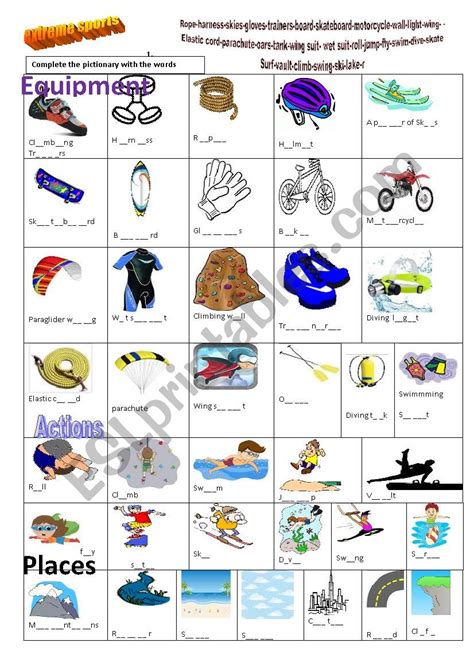 Extreme sports: equipment, places, actions - ESL worksheet by stessenspaola