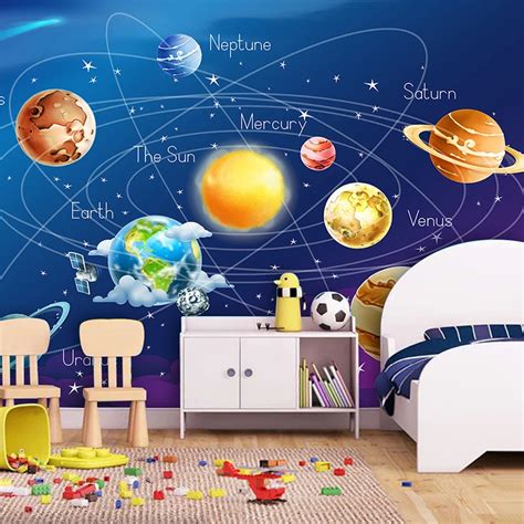 Custom Mural Wallpaper 3D Cartoon Planet Solar System Photo Wallpaper Kids Room Bedroom Wall ...