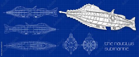 Nautilus Blueprint. Nautilus submarine detailed. Stock Illustration ...