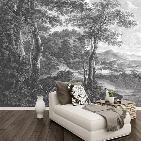 Custom Wallpaper Mural Black and White Hand-painted Forest | BVM Home