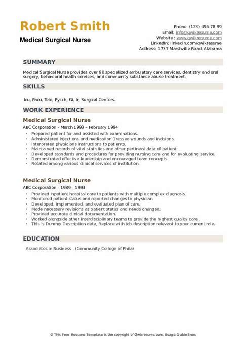 Medical Surgical Nurse Resume Samples | QwikResume