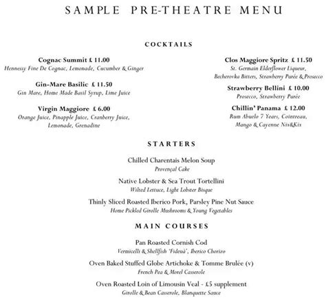 Menu at Clos Maggiore restaurant, London