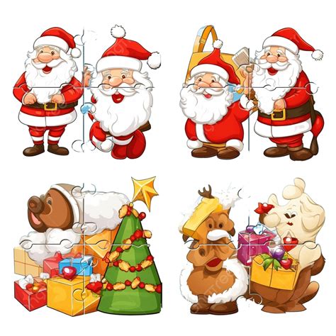 Cartoon Illustration Of Educational Jigsaw Puzzle Games Set With Santa Clauses Characters ...