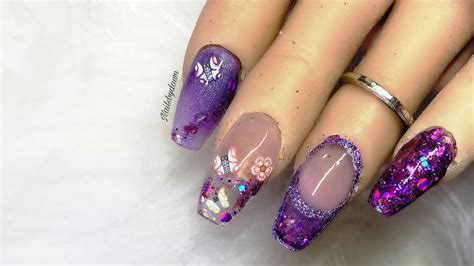 Short Purple Acrylic Nails - Glitter And Butterflies - YouTube