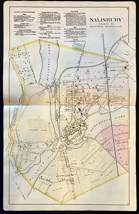 Original 1877 Hand-Colored Street Map of Salisbury, Maryland Wicomico County | 1st Edition