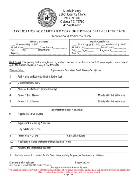 County of Ector, Texas Application Form for Certified Copy of Birth or ...