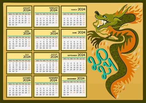 a4 calendario 2024. chino año de verde de madera continuar. semana empieza en lunes. vector ...