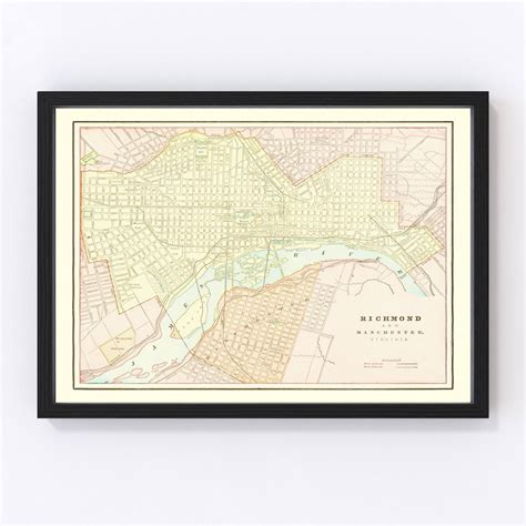 Richmond Map 1895 Old Map of Richmond Virginia Art Vintage Print Framed Canvas Portrait History ...