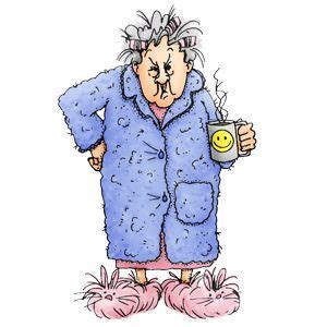 an old woman in a blue coat holding a cup