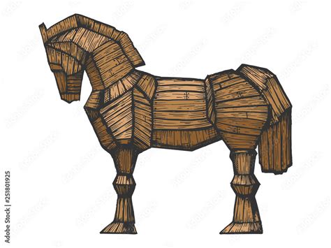 Trojan horse color sketch engraving vector illustration. Horse wooden ...