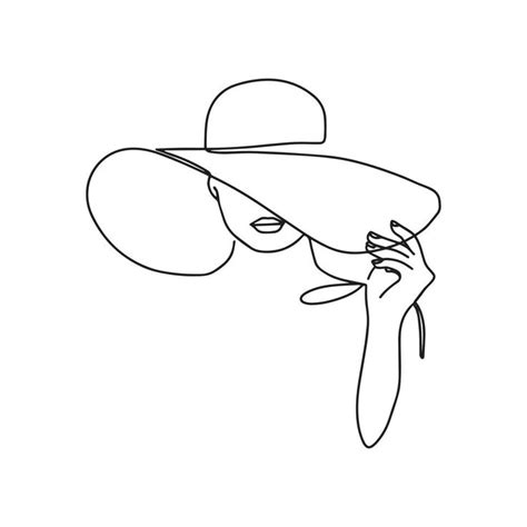 Woman in hat vector one line art. Line art. Minimalist print. Black and white. Beauty logo ...