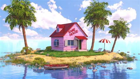 Pink Kame House Blue Sky Background Reflection On Water HD Dragon Ball ...