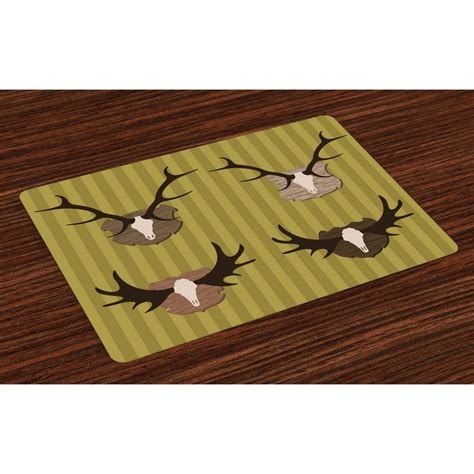 Hunting Placemats Set of 4 Deer and Moose Horns Trophy on Striped Background Mountain Cottage ...