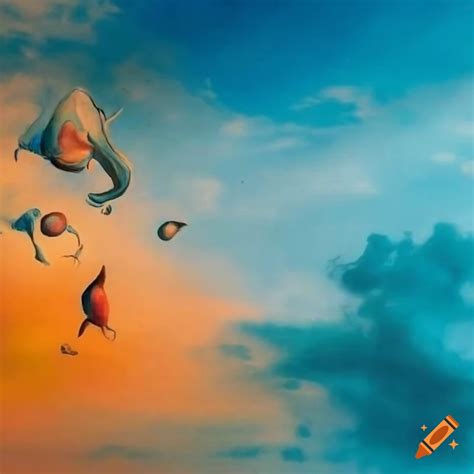 Surreal landscape with flying fishes on Craiyon