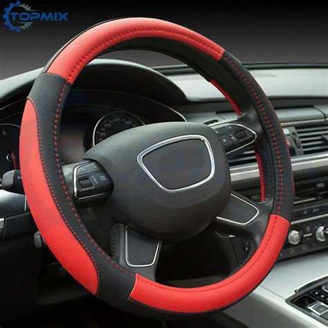 Microfiber PU Leather Universal Car Steering wheel Cover 38CM Red Auto Steering Wheel Cover Anti ...