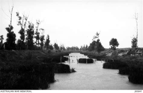 A view along the Yser River taken from the pontoon bridge near Bosinghe, Belgium. From the ...