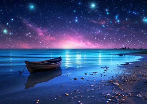 Premium AI Image | starry night sky with a boat on the beach and a boat ...