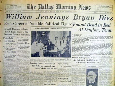 2 1925 headline newspapers WILLIAM JENNINGS BRYAN DEAD right after SCOPES TRIAL | eBay