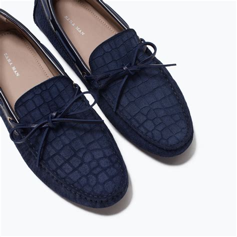 Zara Leather Mock Croc Driving Shoes With Bow Detail in Blue for Men | Lyst