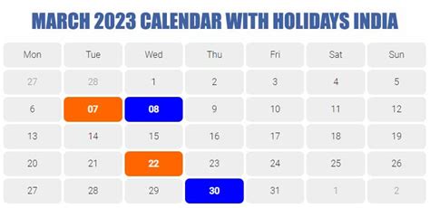 March 2023 Calendar With Holidays India - Get Latest Map Update