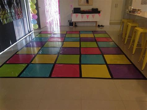 Disco dance floor made from plastic Tables cloths and black duck tape ...