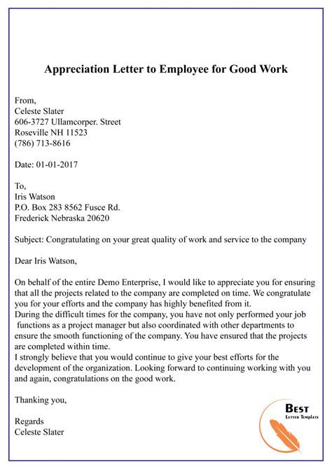 Appreciation Letter Template to Employee – Sample & Example