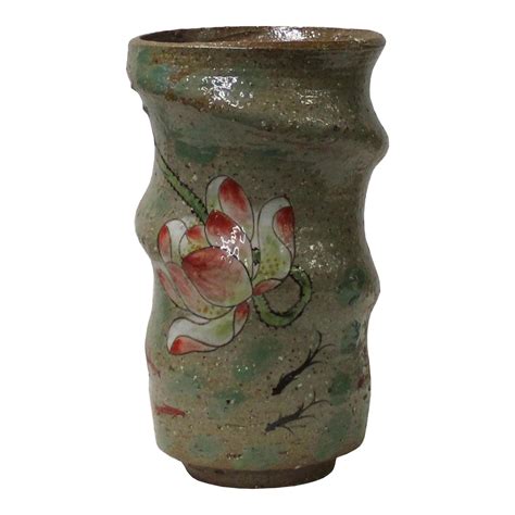 Handmade Ceramic Brown Gray Lotus Flower Graphic Jar Vase | Chairish