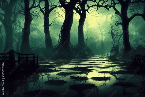 3D Rendering illustration of a creepy haunted mansion in a swamp at night high contrast image ...