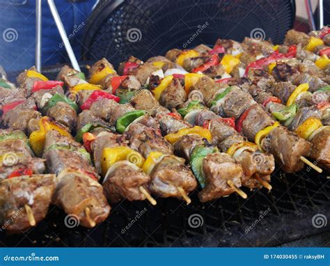 Meat and Vegetables Barbeque on Skewers Stock Image - Image of closeup, steak: 174030455