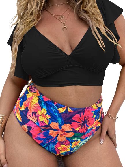 Plus Size Black Floral Tropical Print Ruffle Sleeve High Waist Bikini – Plus Curvves