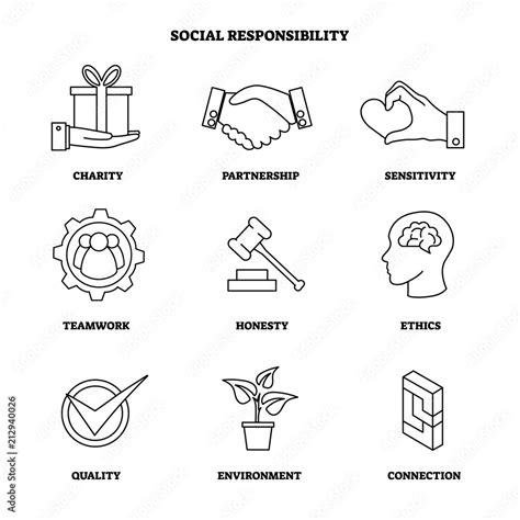 Vector illustration with social responsibility outlines icon set. Collection with charity ...