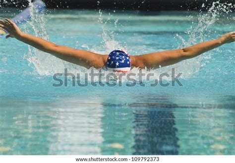 Female Athlete Performs Butterfly Stroke During Stock Photo (Edit Now) 109792373