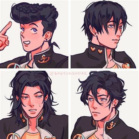 four different pictures of a man with black hair