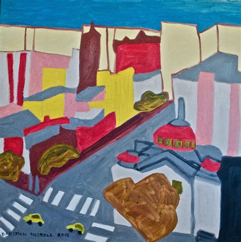 Darshan Russell - NYC Synagogue (Naive Style Abstracted Landscape in Red, Blue and Yellow) For ...