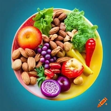 Plate of colorful fruits, vegetables, and nuts on Craiyon
