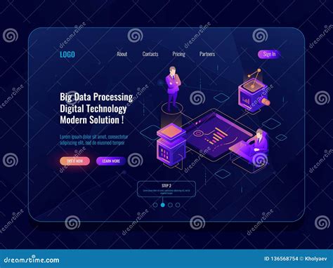 Data Visualization Concept Isometric Banner, Data Analysis, Datacenter, Dark Neon Stock Vector ...