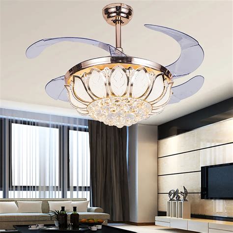 Ventiladores de teto com luzes de cristal retrátil dobrável crystalchandelier lustre luz ...