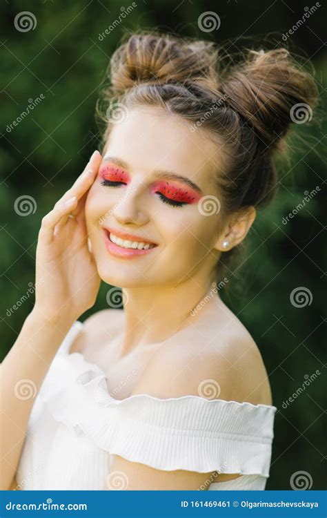 Summer Professional Make-up `watermelon`, a Beautiful Girl Smiles and Her Eyes are Closed Stock ...