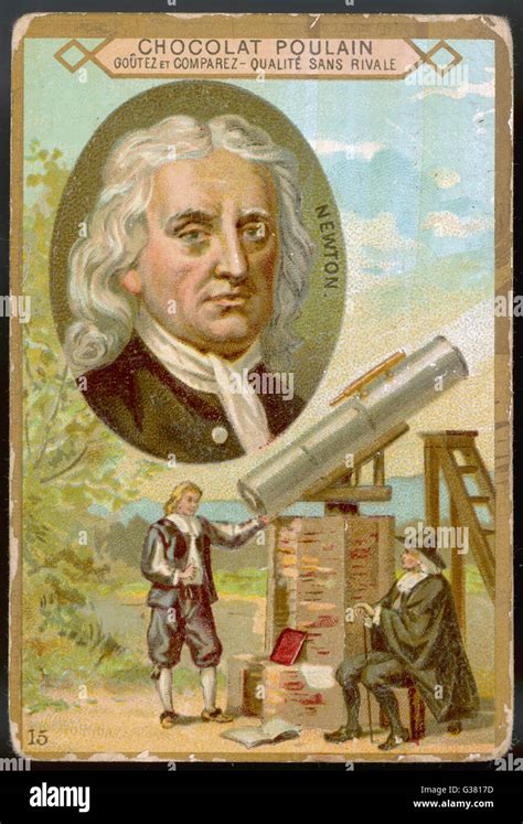 SIR ISAAC NEWTON - scientist, demonstrating his telescope Date: 1642 ...