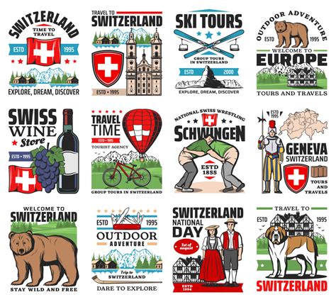 Switzerland travel, swiss culture symbols icons 11762725 Vector Art at ...